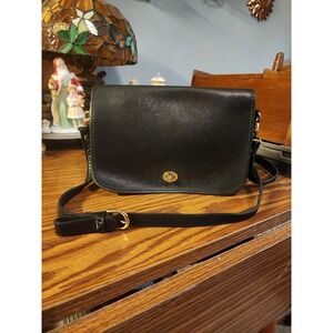 Vintage Genuine Black Leather Flap Pocket Purse, Brass Turn Lock, Suede Interior